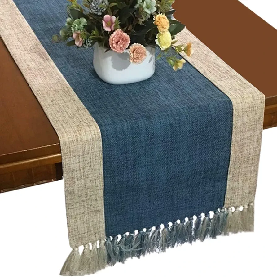 15 x 71 inch Cotton Linen Blend Table Runner with Fringe,Rustic Woven Table Runner for Christmas Decoration,Dinning Room Farmhouse Table Runner(Blue)