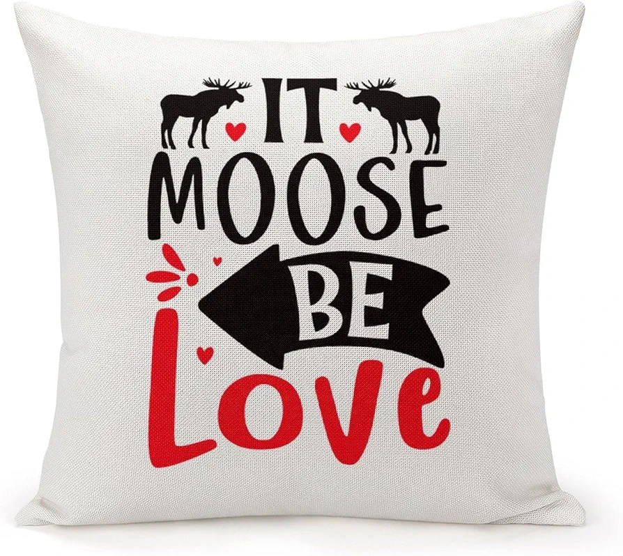 It Moose Be Love Farmhouse Linen Cushion Cover with Zipper 24x24in Happy Valentine's Day Pillow Cases Throw Pillow Cover for Living Room Bedroom Decor Gifts