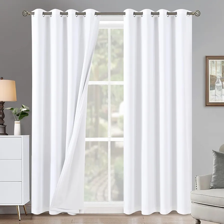 White Blackout Curtains 84 Inch Length 2 Panels Set for Living Room, Thermal Insulated 100% Light Blocking Soundproof Grommet Window Curtains for Bedroom with White Liner, Each 52 Inch Wide