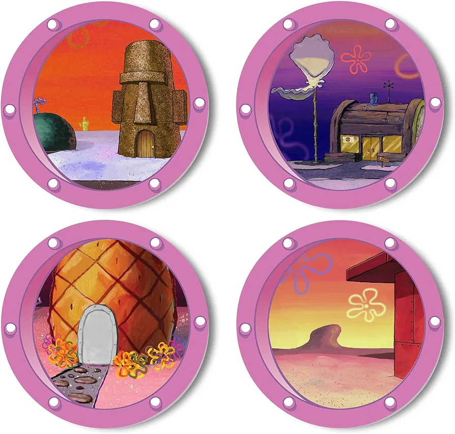 HK Studio Funny Ocean Porthole Cool Room Decor - Pink Cartoon Scene Room Decor Y2K for Dorm, Teen Bedroom 12" Pack 4