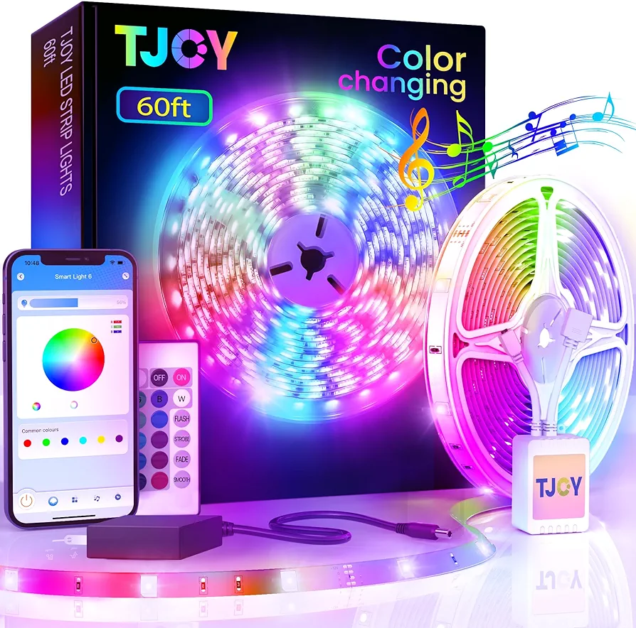 TJOY 60ft Bluetooth LED Strip Lights, Music Sync LED Lights Strip,RGB Color Changing LED Lights with Remote,Smart Phone APP Control,LED Lights for Bedroom,Ceiling,Room DIY(APP+Remote +Mic/60ftx1)