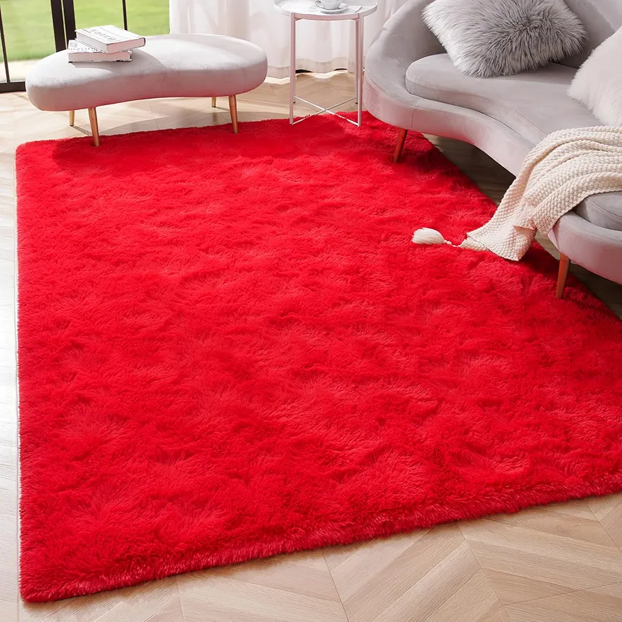 Amearea Shag Fluffy Area Rug for Bedroom Girls Living Room, Extra Soft and Fuzzy Shaggy Rugs, Non Slip, Solid Color Carpet Mat for Boys Nursery Home, Red 6x9 Feet