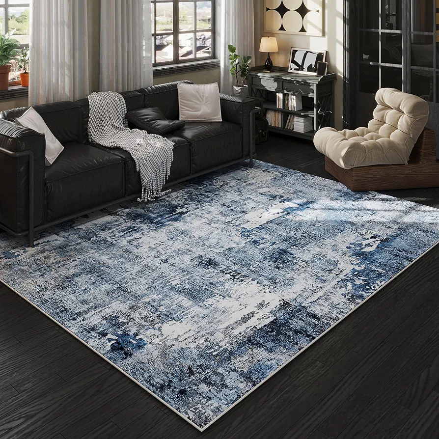 Area Rug 5x7 Washable Rug Boho Soft Abstract Pattern Non-Slip Non-Shedding Faux Wool Vintage Rug for Living Room, Bedroom Rug, Farmhouse, Dining Room, Indoor, Kids Playroom, Blue