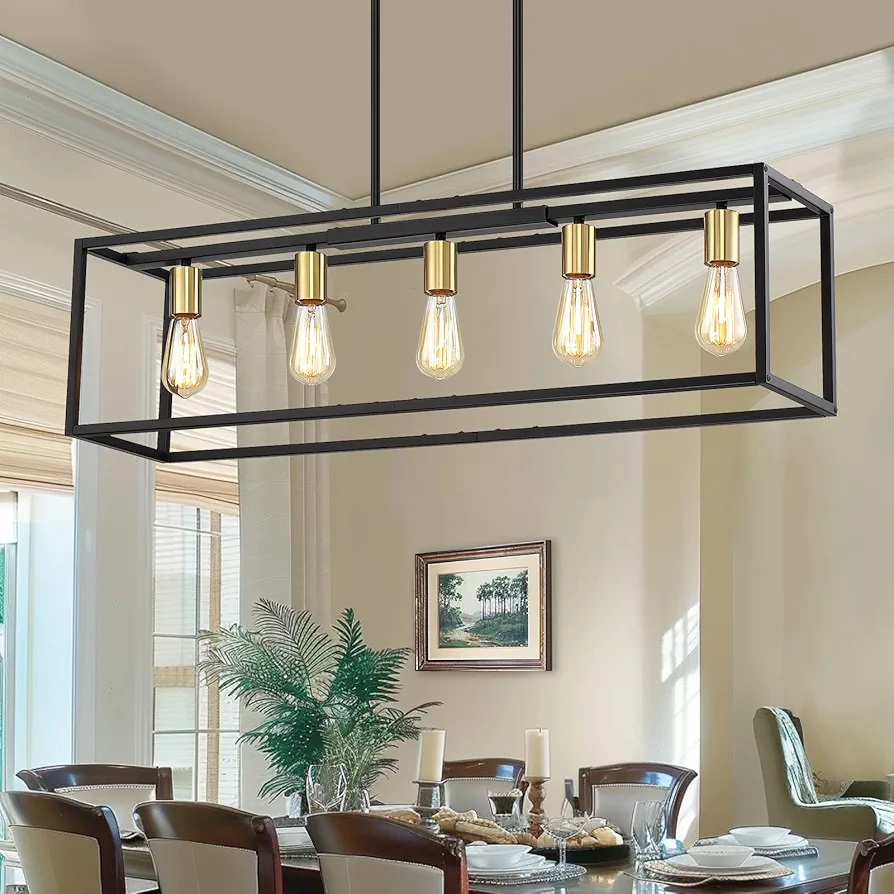 5-Light Dining Room Light fixture,Black Farmhouse Kitchen Island Lighting,Rustic Pendant Light Over Table with Adjustable Rods,Modern Linear Chandeliers for Dining Room Kitchen Island