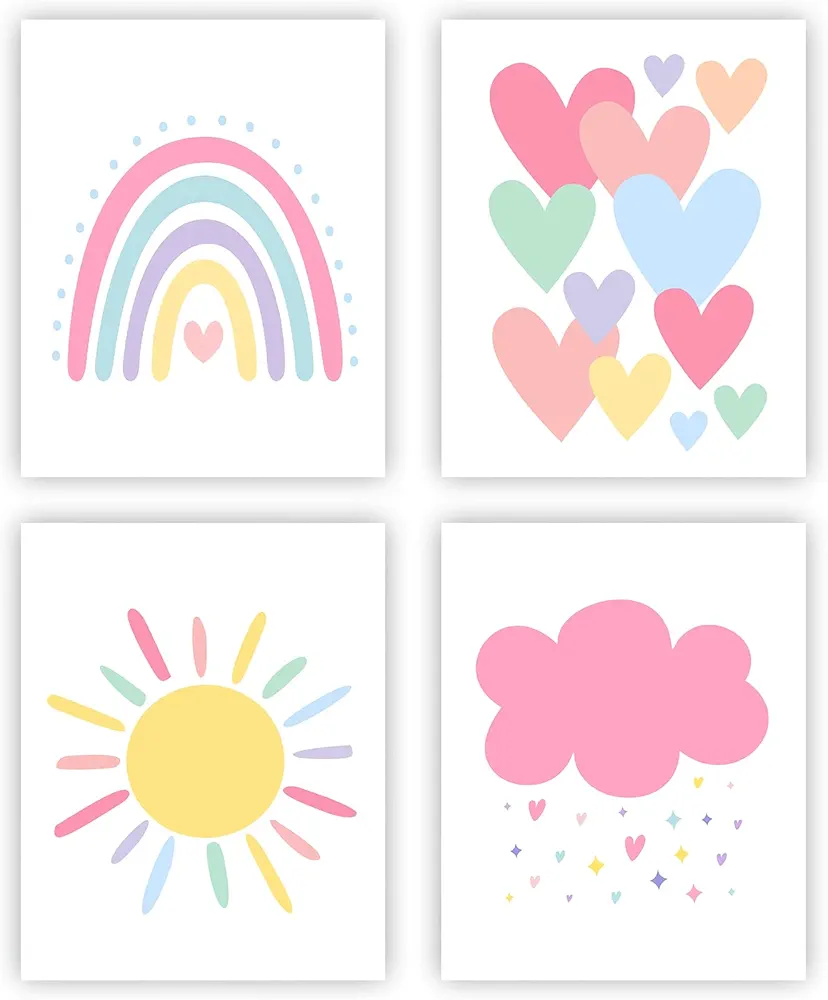 NIIORE Nursery Wall Art Decor, Boho Rainbow Sun Hearts Wall Art Prints, Inspirational Poster for Nursery Baby Kids Room Girls Room Decoration, Set of 4(8 x10 Inch, Unframed)