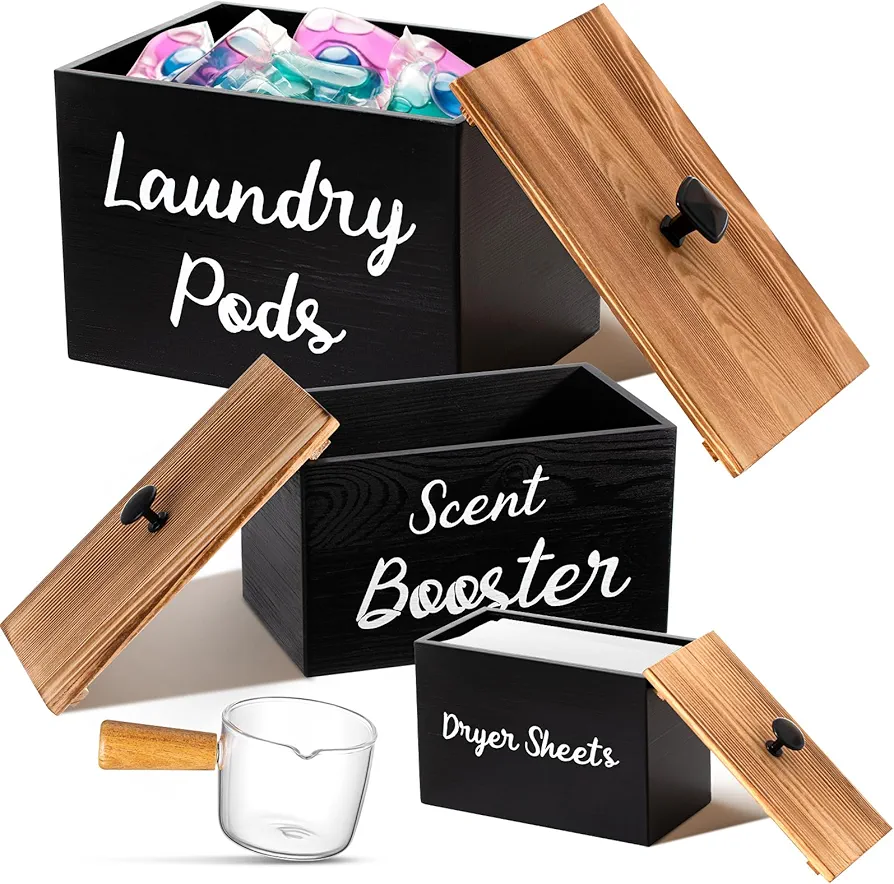 3 Pcs Dryer Sheet Holder Laundry Pod Holder Scent Booster Container Set with Scoop Rustic Wood Dryer Sheet Container Laundry Pods Container Laundry Beads Dispenser for Storage (Black)