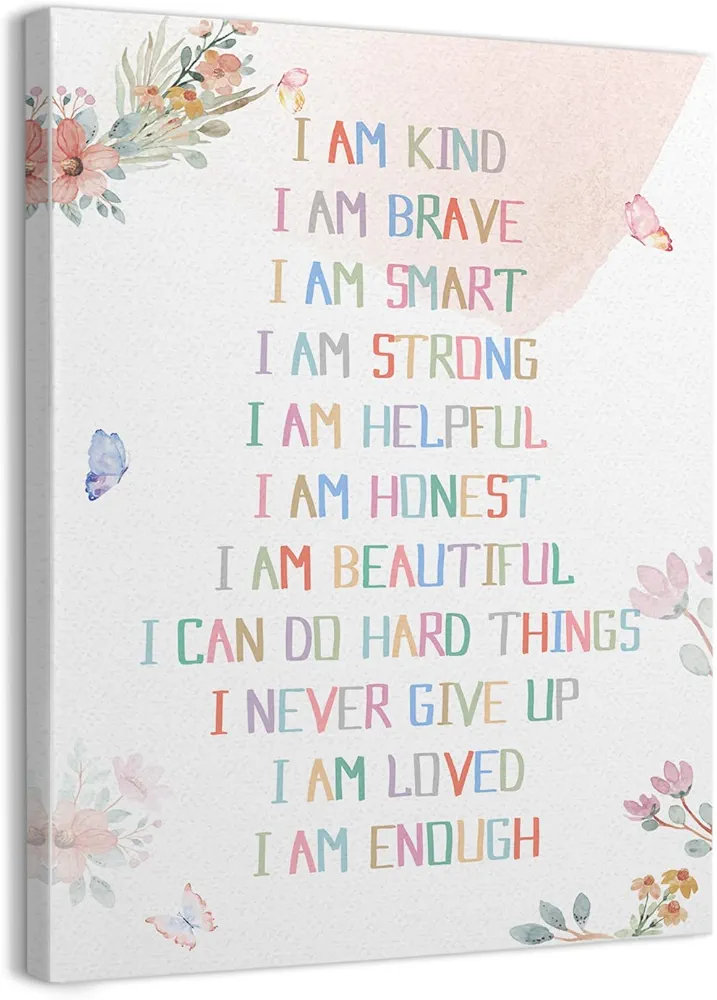 WODMIS Affirmation Wall Decor,I Am Kind Smart Brave Inspirational Framed Canvas Wall Art Decor 11×14,Watercolor Wall Decoration for Office Girls Room Prints Decor (pink1, 11x14)