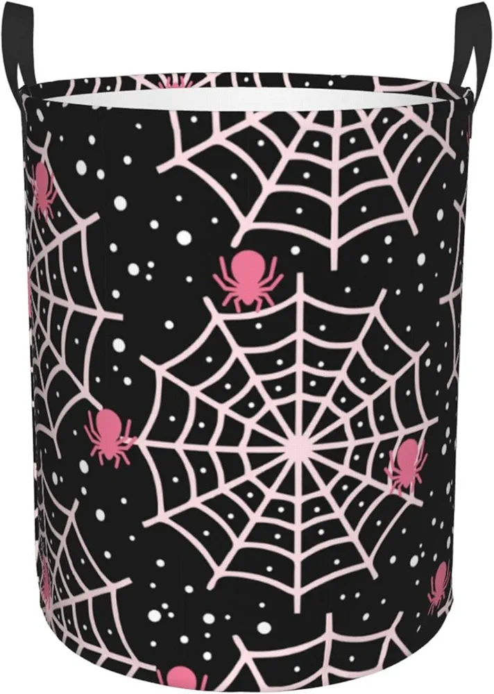 Collapsible Laundry Basket with Handles, Waterproof Oxford Fabric Halloween Pink Spider Web Pattern Hamper Storage Organizer for Laundry Room Bedroom Bathroom College Dorm