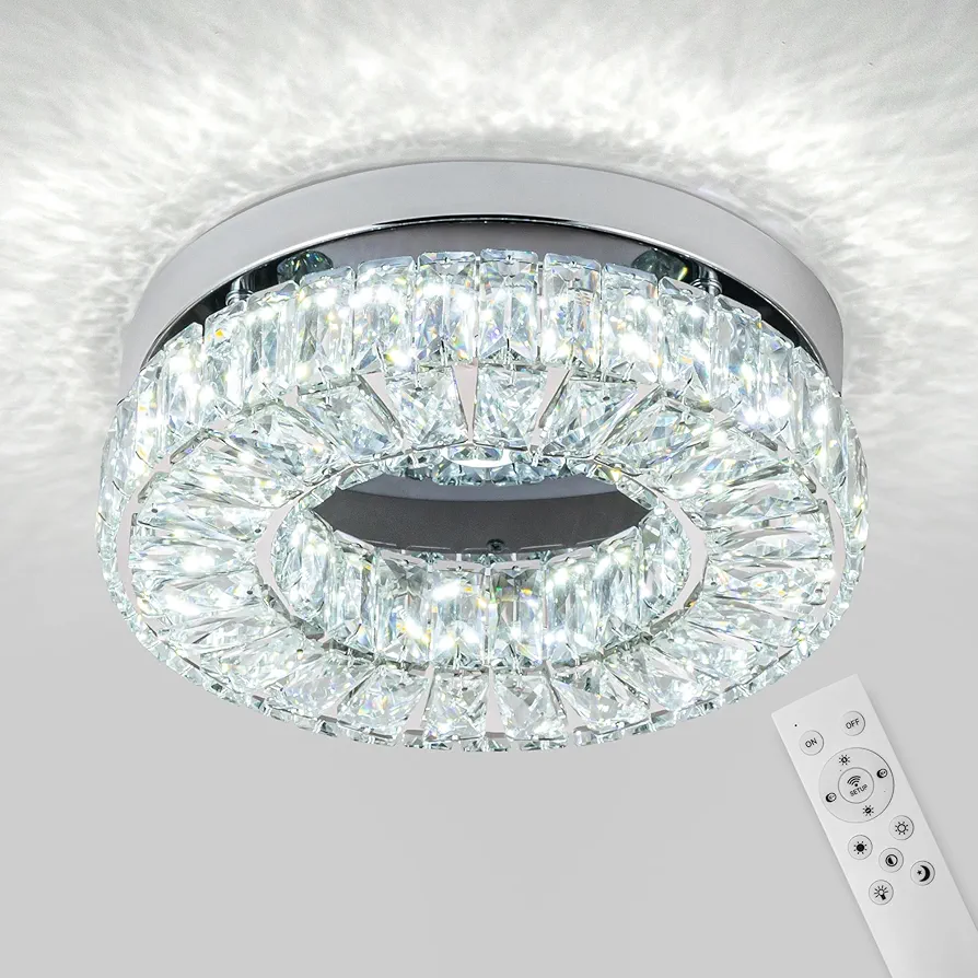 Dimmable Crystal Chandeliers 11.8" LED Flush Mount Modern Ceiling Light Fixtures for Bedroom Dining Room Hallway (2500K to 6500K Adjustable) Come with Remote Control