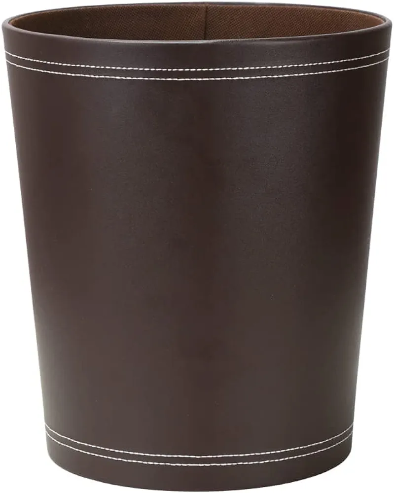 KINGFOM Classic Pu Leather Trash Can Wastebasket, Garbage Container Can for Bathrooms, Powder Rooms, Kitchens, Home, Office and and High Class Hotel Round Brown