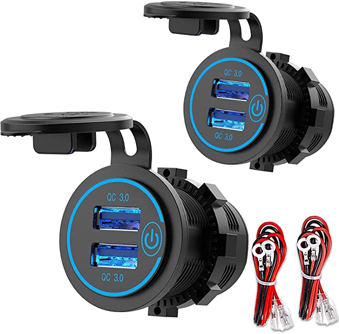 [2 Pack] 12V USB Outlet, Quick Charge 3.0 Dual USB Power Outlet with Touch Switch, Waterproof 12V/24V Fast Charge USB Charger Socket DIY Kit for Car Boat Marine Bus Truck Golf Cart RV Motorcycle, etc.