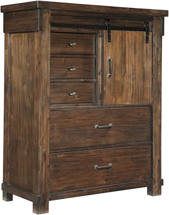 Signature Design by Ashley Lakeleigh Rustic Industrial 5 Drawer Chest with Sliding Barn Door, Dark Brown