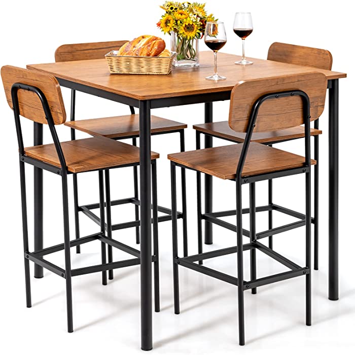 Giantex 5-Piece Dining Table Set W/Counter Height Table & 4 Bar Stools, Industrial Kitchen Dining Table Set W/Footrest & Backrest, Space-Saving Dinette Set for Pub, Dining Room, Restaurant