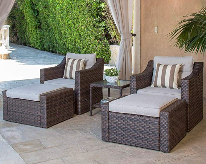 SOLAURA 5 Piece Patio Conversation Set Outdoor Furniture Set, Brown Wicker Lounge Chair with Ottoman Footrest, W/Coffee Table & Cushions (Beige) for Garden, Patio, Balcony, Deck