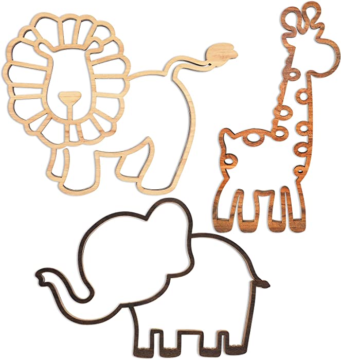 Nursery Wall Decor 3 Pieces Jungle Theme Nursery Decor Wooden Animal Wall Decor Woodland Safari Wall Decor with Glue Points for Bedroom Decor (Lion, Elephant, Giraffe)