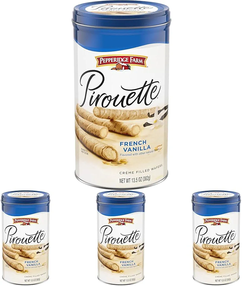 Pepperidge Farm Pirouette Cookies, French Vanilla Flavored Crème Filled Wafers, 13.5 Oz Tin (Pack of 4)