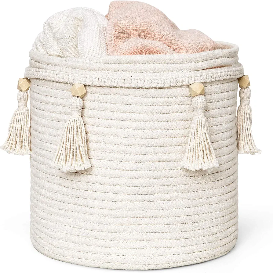 Mkono Macrame Decorative Cotton Rope Basket Boho Cute Woven Tassel Closet Storage Bins Organizer for Nursery,Baby Toys,Magazines, Potted Plants Cover,Living Room,Bedroom,Home Decor 11"x11",Small