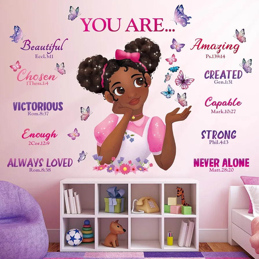 DECOWALL SG2-2315 Black Girl Magic Wall Stickers Decals Girls Bedroom Butterfly Kids Room Art Toddler Decorations Butterflies Baby Nursery Afro Door Wallpaper Pink