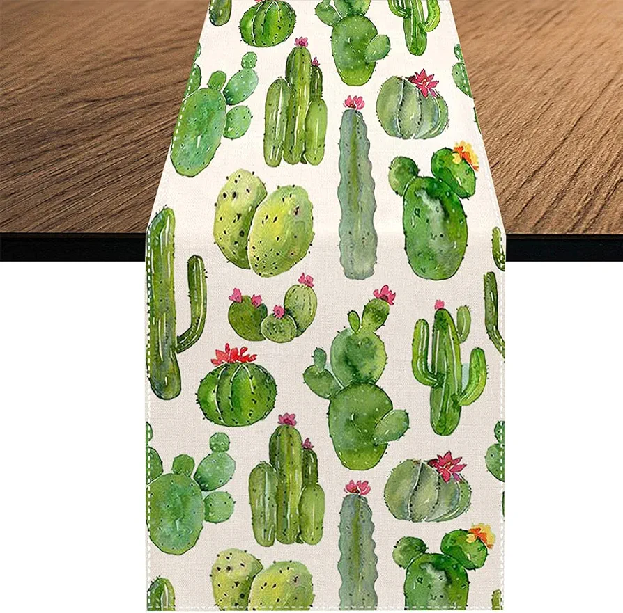 Watercolor Cacti Table Runner, Seasonal Summer Green Cactus Holiday Kitchen Dining Table Decoration for Home Party Decor 13 x 70 Inch