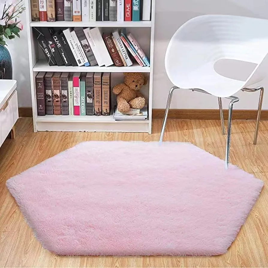 Pink Hexagon Princess Rug, Cute Fluffy Rug for Girls Kids Room,Shaggy Soft Non Slip Nursery Rug, Kids Play Castle Carpet, Diameter 4.6 ft