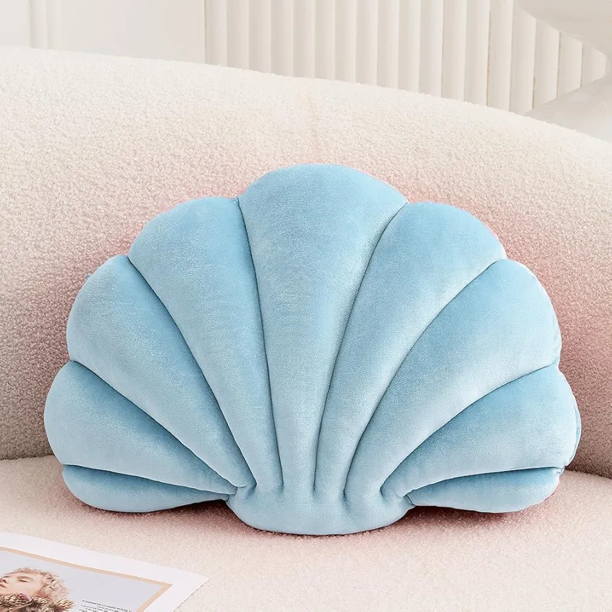 Seashell Decorative Pillow Shell Shaped Throw Pillow 3D Insert Beach Pillow Soft Velvet Pillow Sea Ocean Decoration Couch Bed Pillow Cushions(Blue,14 X 11 inch)