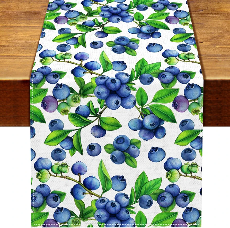 Vohado Watercolor Blueberry Table Runner Sweet Berry Fruit Wedding Birthday Party Decoration Dining Room Home Kitchen Island Decor