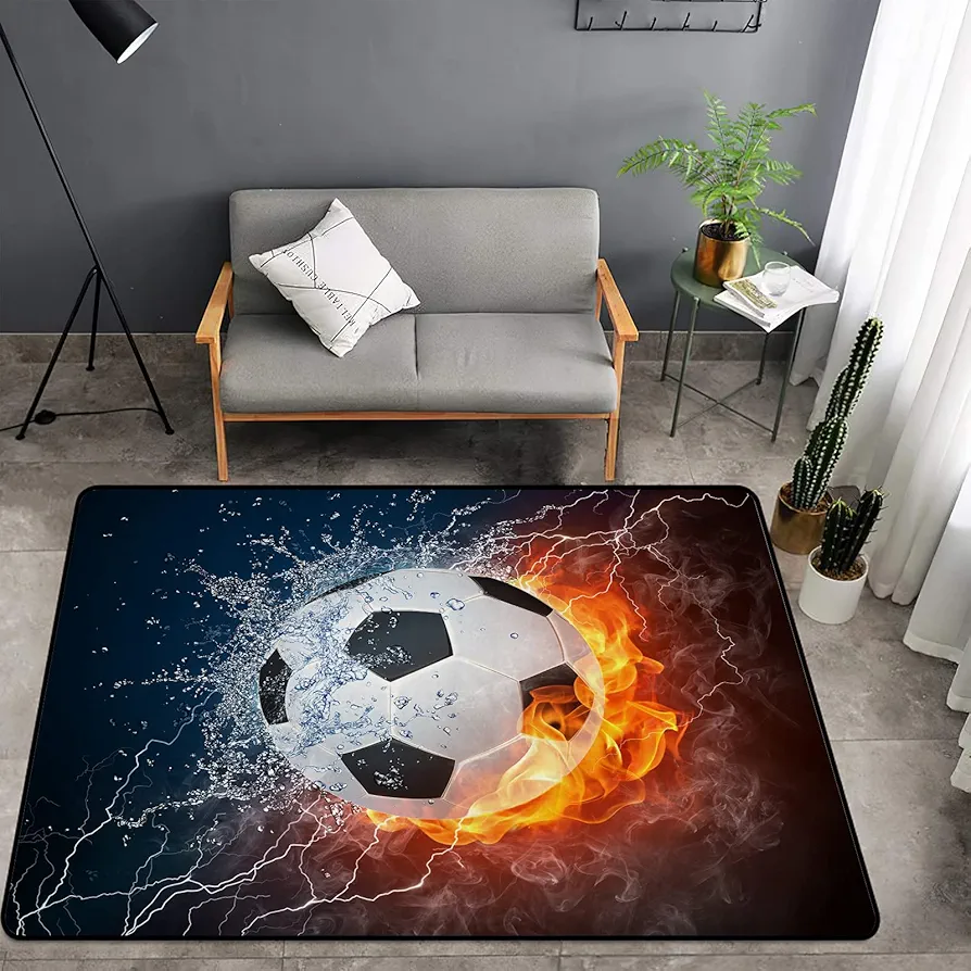 Washable Area Sponge Rug Pad for Kids Girls Bedroom Living Room Soccer Ball, Sports Fire and Water Lightening Splash Non-Slip Carpet Super Soft Extra Thick Bathroom Dorm Home Indoor Small Floor Rugs