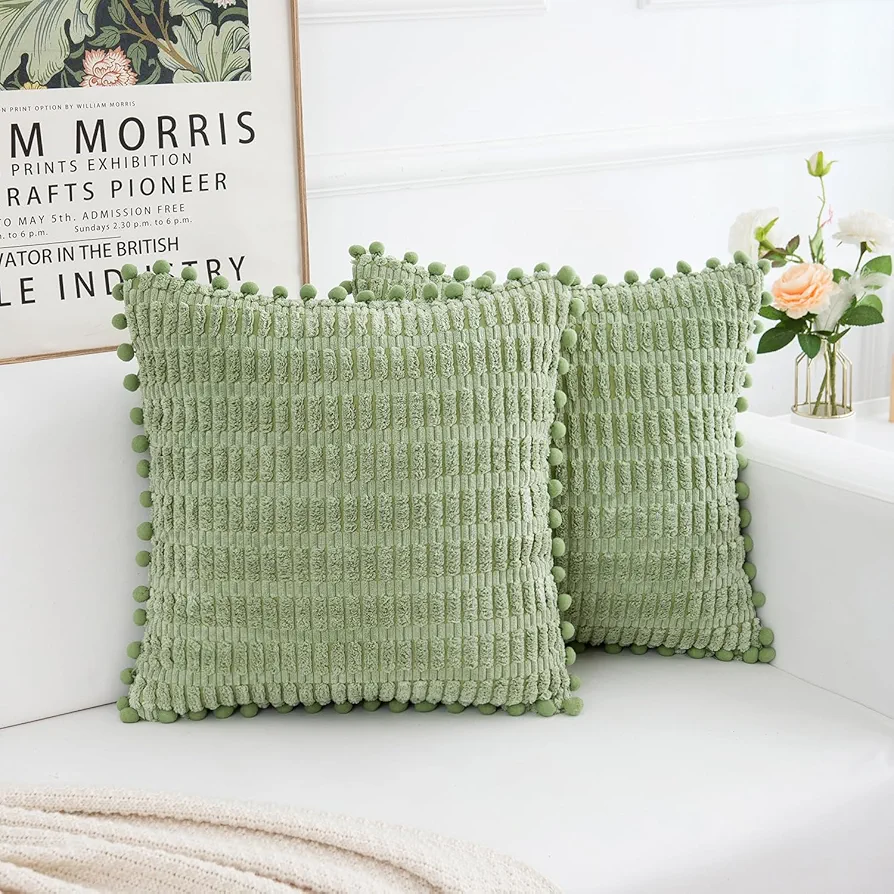 WELTRXE 2 Packs Sage Green Throw Pillow Covers with Pom-poms 18x18 Inch for Couch Bed Sofa Living Room, Boho Decorative Pillow Covers Soft Striped Corduroy Cushion Case Farmhouse Spring Home Decor