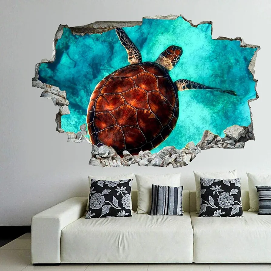 Sea Ocean Sea Turtle Wall Decal Landscape 3D Break Through Wall Sticker Removable PVC Funny Wall Art Decal Christmas Home Decor Vinyl Mural for Boy Kids Room Living Room, 36inx24in