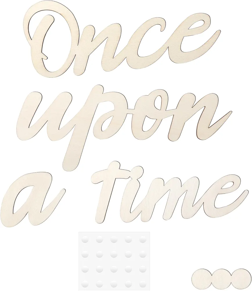 Once Upon a Time Wooden Sign, Nursery Wall Decor with 20 Dispensing Glue Wall Decal Wood Words Room Decoration for Family Bookshelf Reading Corner Daycare Classroom