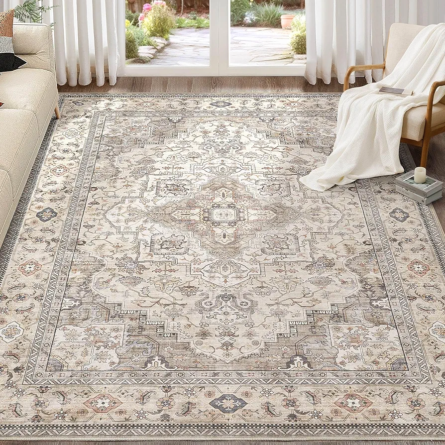 Washable Area Rugs for Living Room - 8x10 Neutral Vintage Distressed Floral Farmhouse Boho Large Soft Floor Rug Indoor Non Slip Carpet for Living Room Bedroom Dining Room Office - Brown