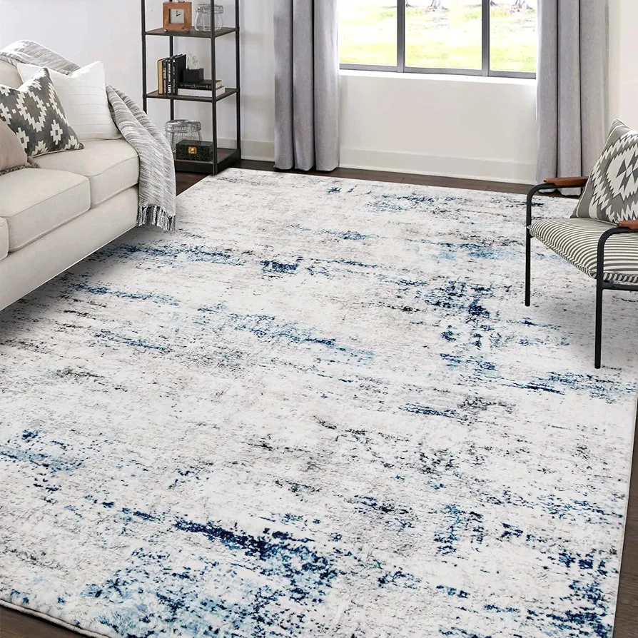 Area Rug Living Room Rugs: 5x7 Large Soft Indoor Carpet Modern Abstract Rug with Non Slip Rubber Backing for Under Dining Table Nursery Home Office Bedroom White Gray Blue