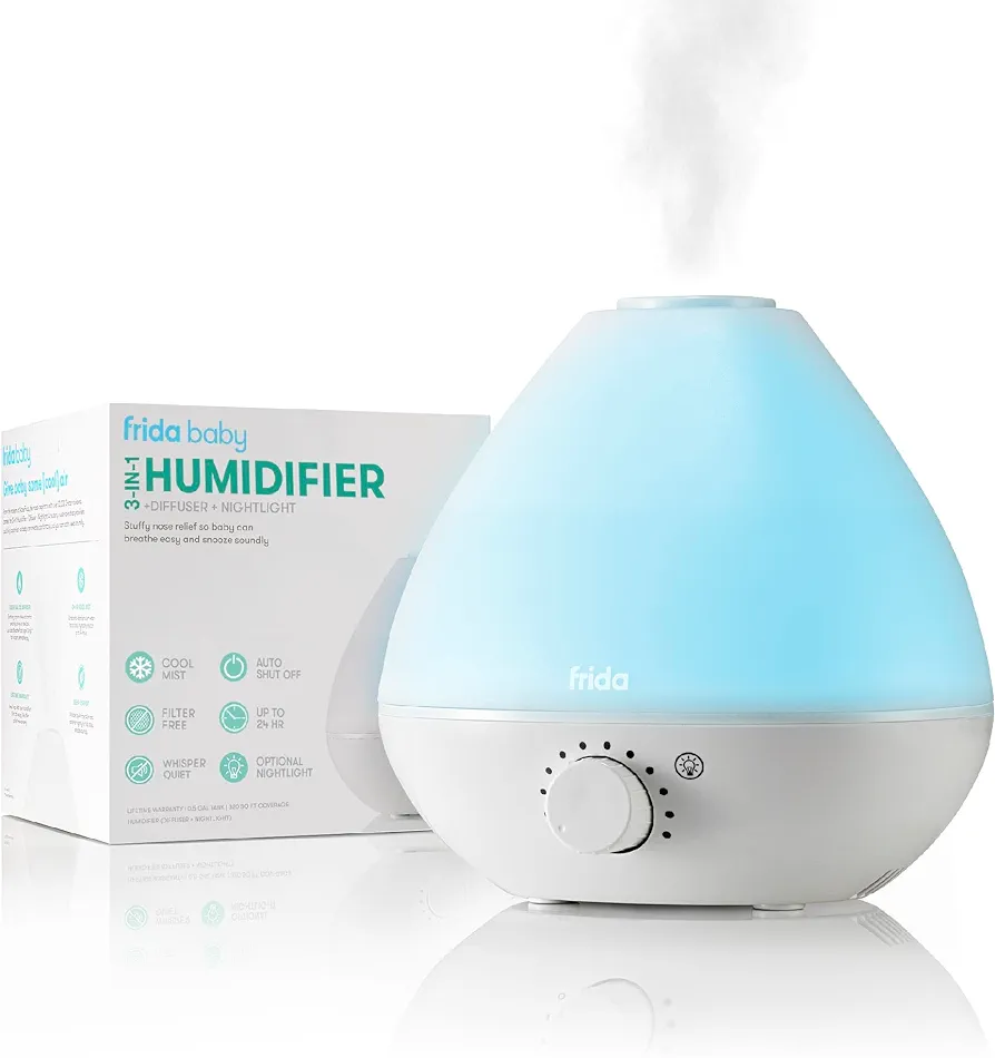 Frida Baby 3-in-1 Cool Mist Humidifier for Baby with Diffuser + Nightlight, Baby Humidifier for Bedroom, Nursery + Large Rooms, Quiet, Auto Shut Off, Runs +24hrs