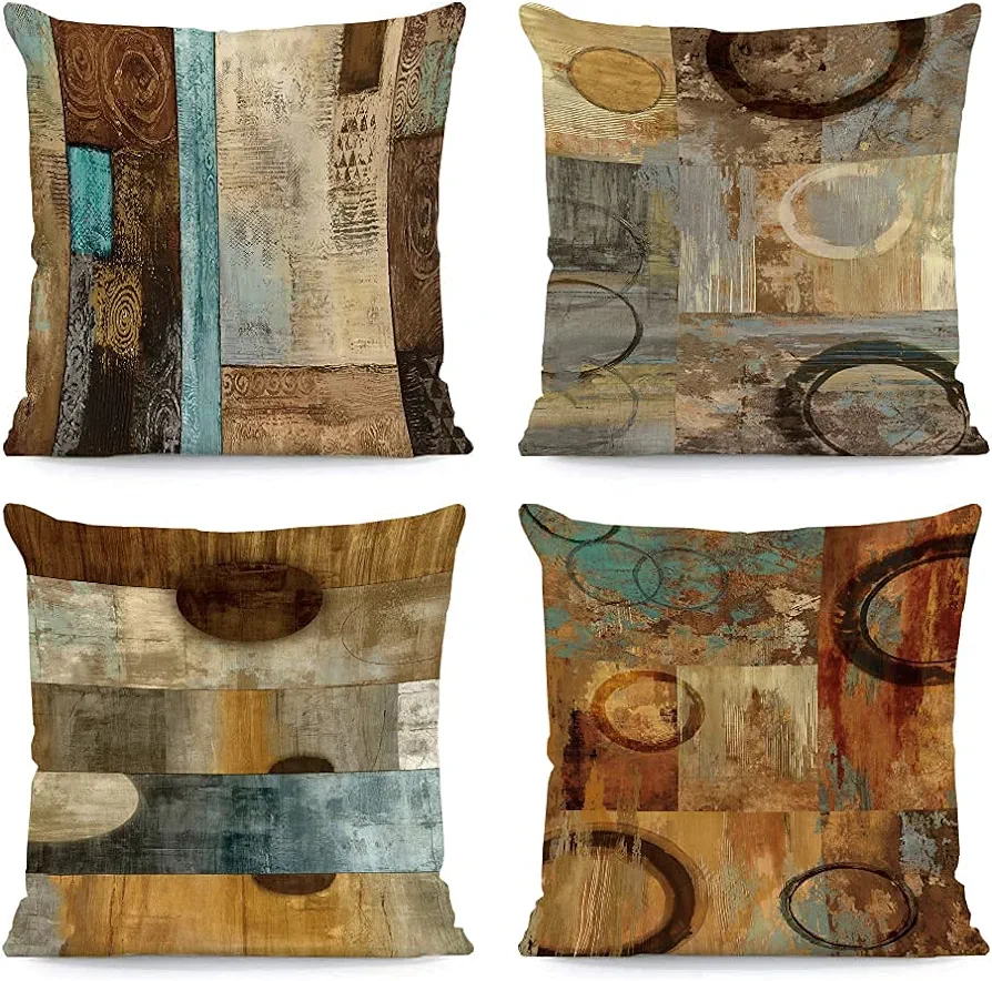 Brown Decorative Throw Pillow Covers 18x18 Set of 4 Teal Pillow Cover Modern Geometry Abstract Art Decorative Pillows for Living Room Bedroom Sofa Couch Outdoor Pillow Covers