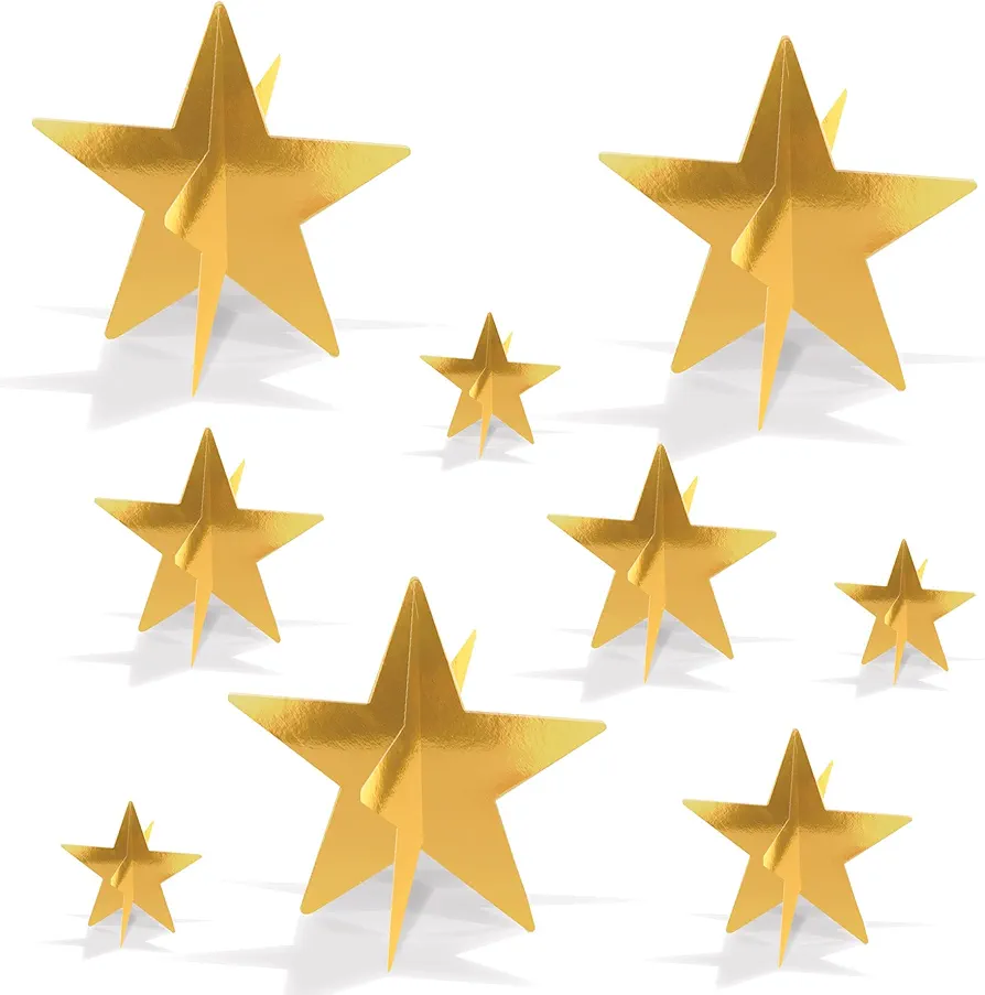 Beistle 3-D Foil Gold Star Centerpieces in 3 Sizes, Set of 9 - Space Themed, Awards Night Table Decor, Classroom Parties