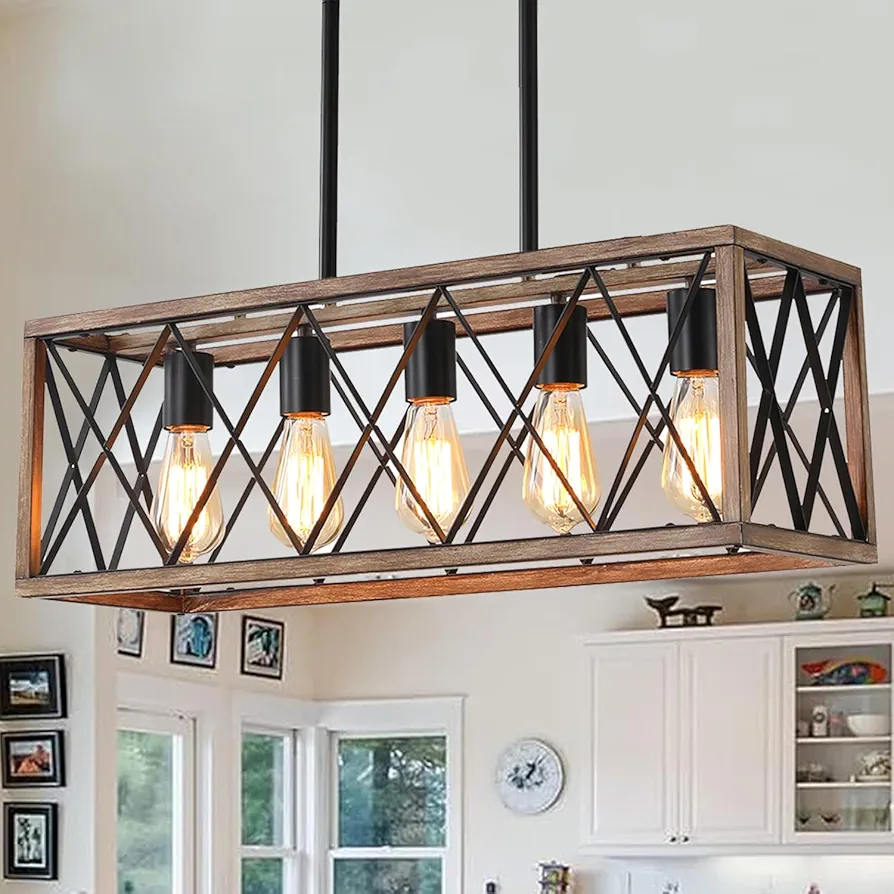 Farmhouse Light Fixtures,5-Light Dining Room Light Fixture,Height Adjustable, Industrial Metal Kitchen Pendant Lighting Over Island, Chandelier for Dining Table Kitchen Sink, Wood Grain Finish.