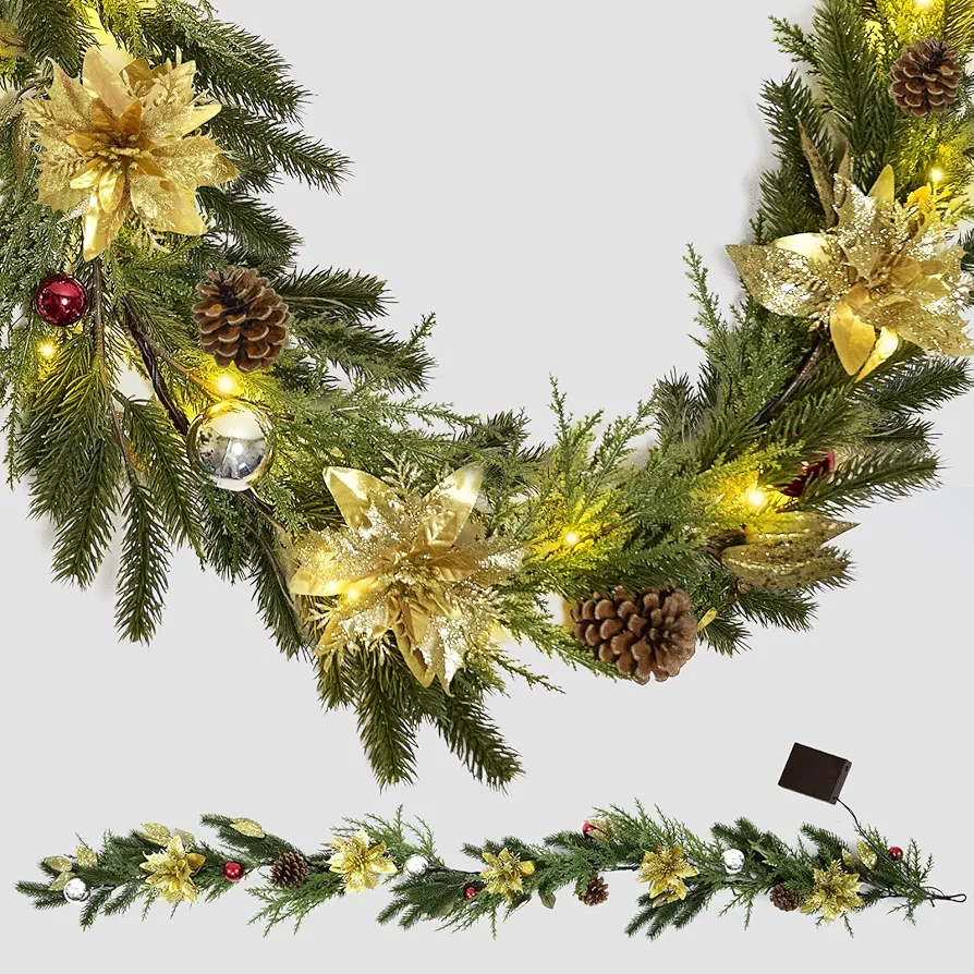 Christmas Garland Decoration with Lights - 9FT 70 LEDs Pre-Lit Christmas Garland with Pine Cones, Colored Balls, Golden Flower, Pine Branches, Leaves, Mixed Decors for Mantel Fireplace Stairs Door