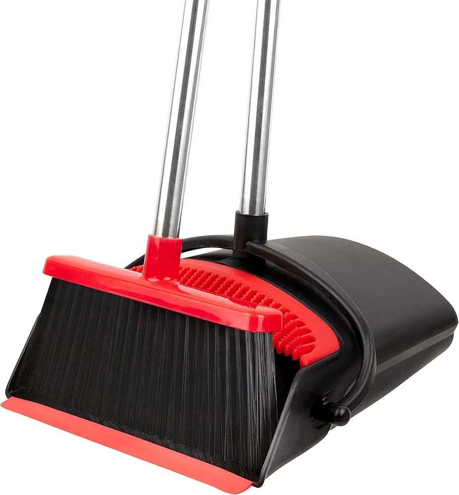 Broom and Dustpan Set - Strongest NO MORE TEARS 80% Heavier Duty - Upright Standing Dust Pan with Extendable Broomstick for Easy Sweeping - Easy Assembly Great Use for Home Kitchen Room Office Lobby