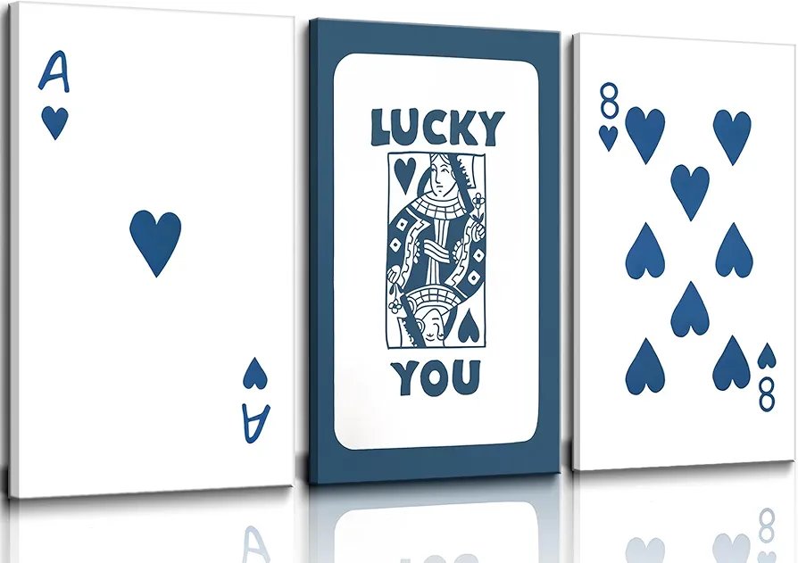 3pcs Framed Funky Lucky You Poker Wall Art Trendy Retro Blue Queen of Hearts Canvas Wall Decor Print Card Poster Aesthetic Funny Cute Preppy Ready To Hang for Living Room Bedroom Teen Girls Apartment