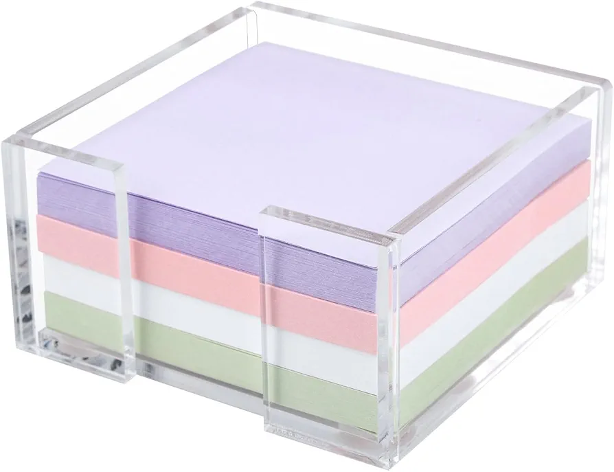 Acrylic Sticky Note Holder, 3 x 3 Crystal Clear Acrylic Notepad Holder Acrylic Sticky Note Dispenser with Pastel Sticky Notes for Dorm Room and Office Desk Organizer