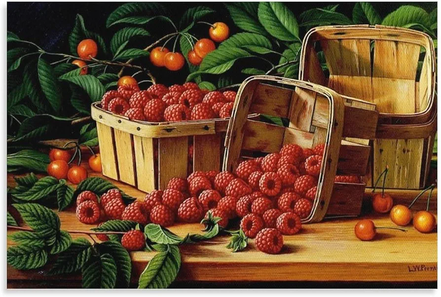 Levi Wells Prentice Fruit still Life Cherries And Raspberries in A Basket Vintage Posters Kitchen D Wall Art Paintings Canvas Wall Decor Home Decor Living Room Decor Aesthetic Prints 20x30inch(50x75