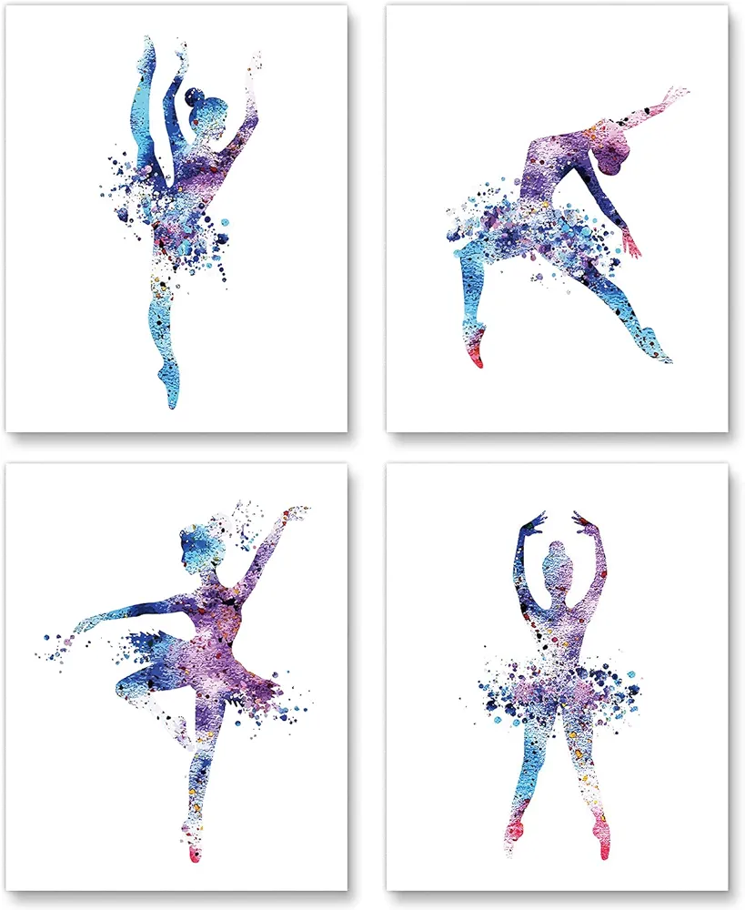 Watercolor Ballet Prints Ballerina Dancers Wall Art Woman Dancing Decor Girls Room Women Bedroom Decor Colorful Poster Classroom Decoration Elegant Gift for Girls (8x10 inch，Set of 4，Unframed)