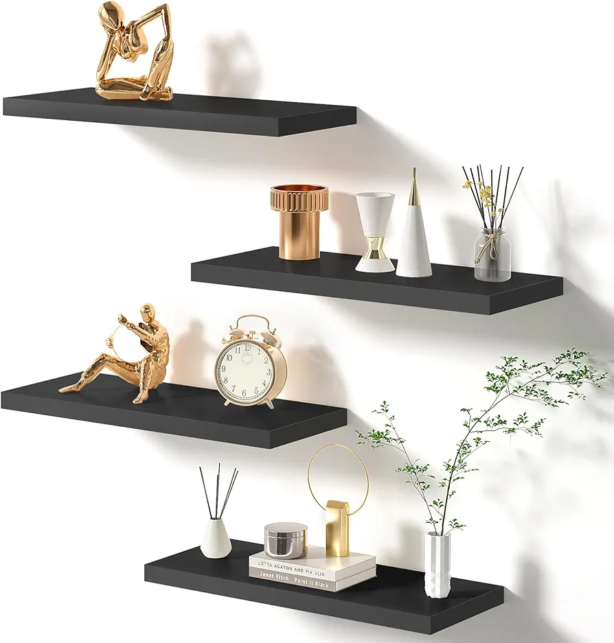 Black Floating Shelves for Wall, Wall Mounted Shelves with Invisible Brackets, Wall Shelves for Bathroom, Bedroom, Office, Living Room, Kitchen, Shelves for Wall Decor Storage, Set of 4