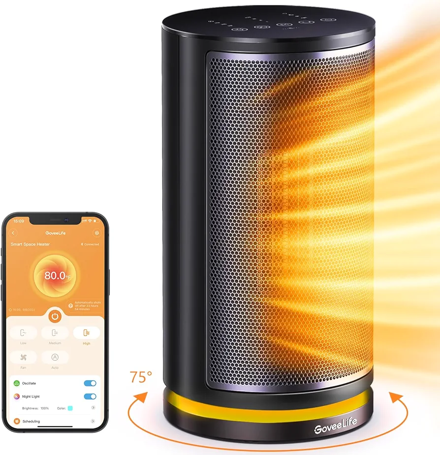 GoveeLife Smart Space Heater, Electric Space Heater with Thermostat, Wi-Fi & Bluetooth App Control, Works with Alexa & Google Assistant, 1500W Ceramic Heater for Bedroom, Indoors, Office, Living Room