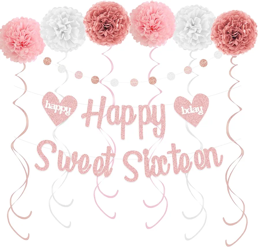 Sweet 16 Party Decorations – Rose Gold Happy Sweet Sixteen Birthday Banner, Paper Pom Poms, Hanging Swirls and Glitter Circle Dots Garland for 16th Birthday Decorations