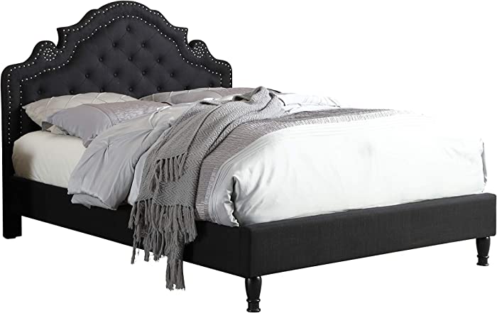 HomeLife Premiere Classics 51" Tall Platform Bed with Cloth Headboard and Slats - King (Black Linen)