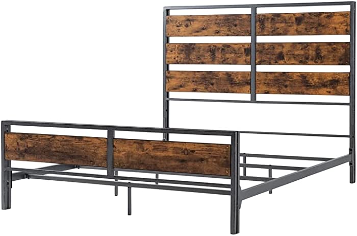 Walker Edison Wood Plank Metal Queen Size Bed Frame Bedroom Headboard Footboard Bed Frame Bedroom, Queen, Reclaimed Wood