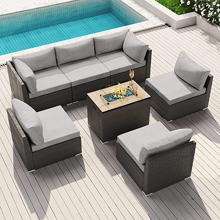 Modenzi Patio Furniture Outdoor Sectional with Propane Fire Pit Table Espresso Brown Wicker Resin Garden Conversation Sofa Set (Light Grey)