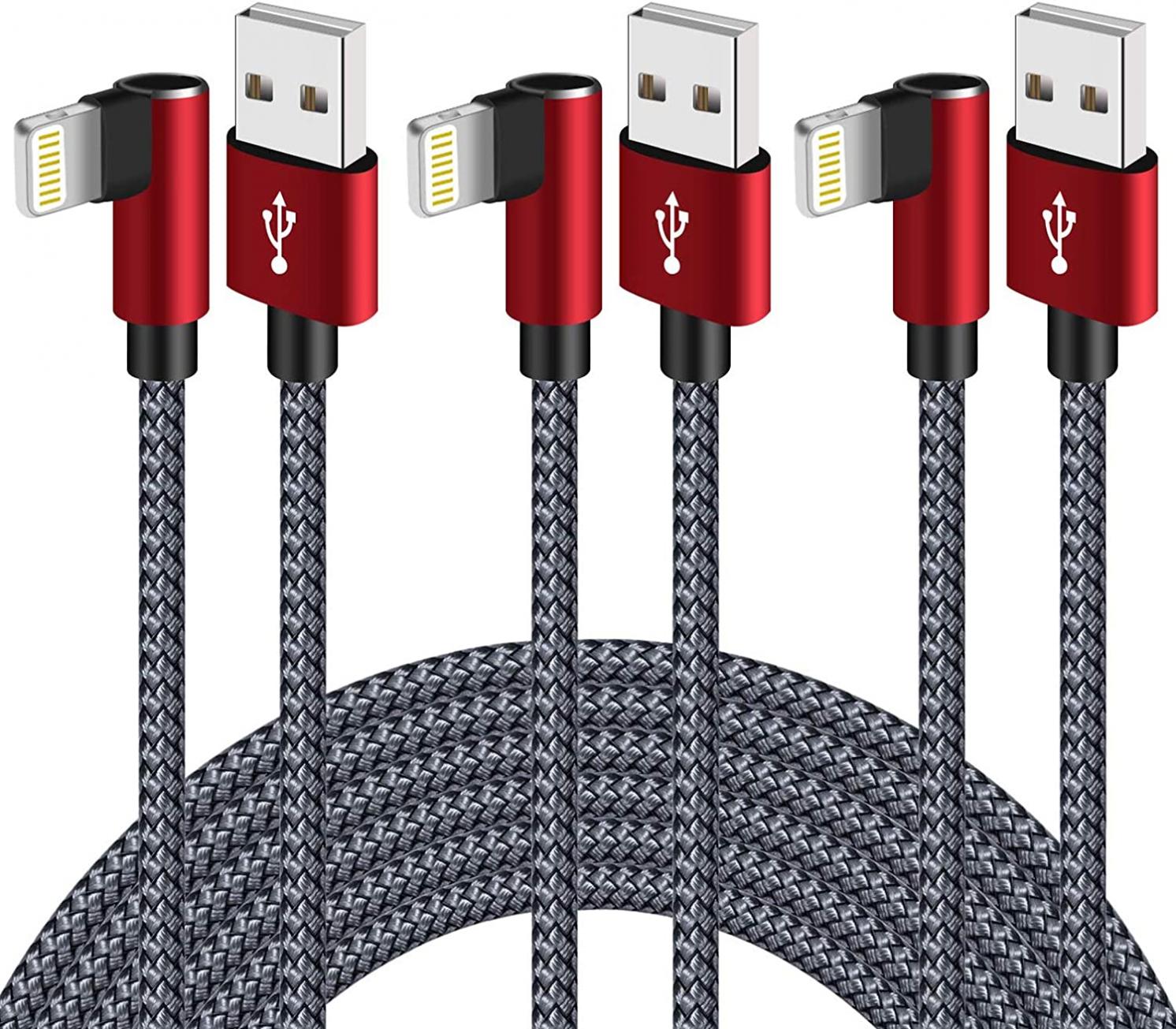 Lightning Cable 10ft 90 Degree iPhone Charger 3 Pack Right Angle iPhone Charging Cable Durable Nylon Braided Sync Fast Charger Cord Compatible with iPhone 14 13 12 11 Xs XR X 8 7(Grey)