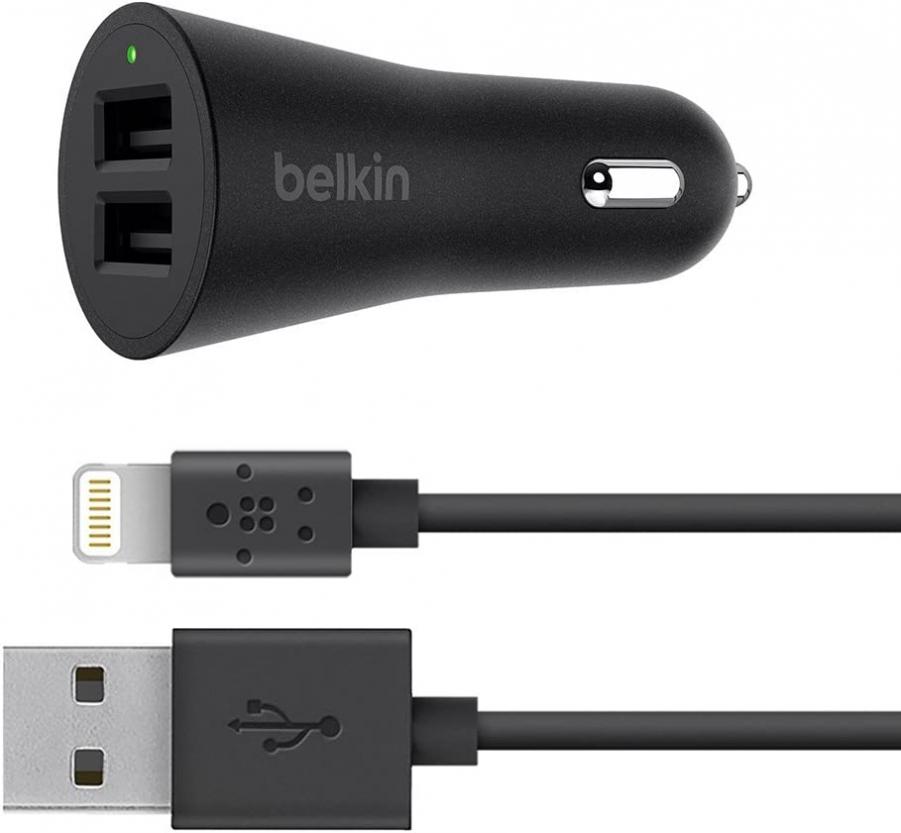 Belkin 2-Port 4.8-Amp USB Car Charger with 4' Lightning Cable (2.4 Amp per Port)